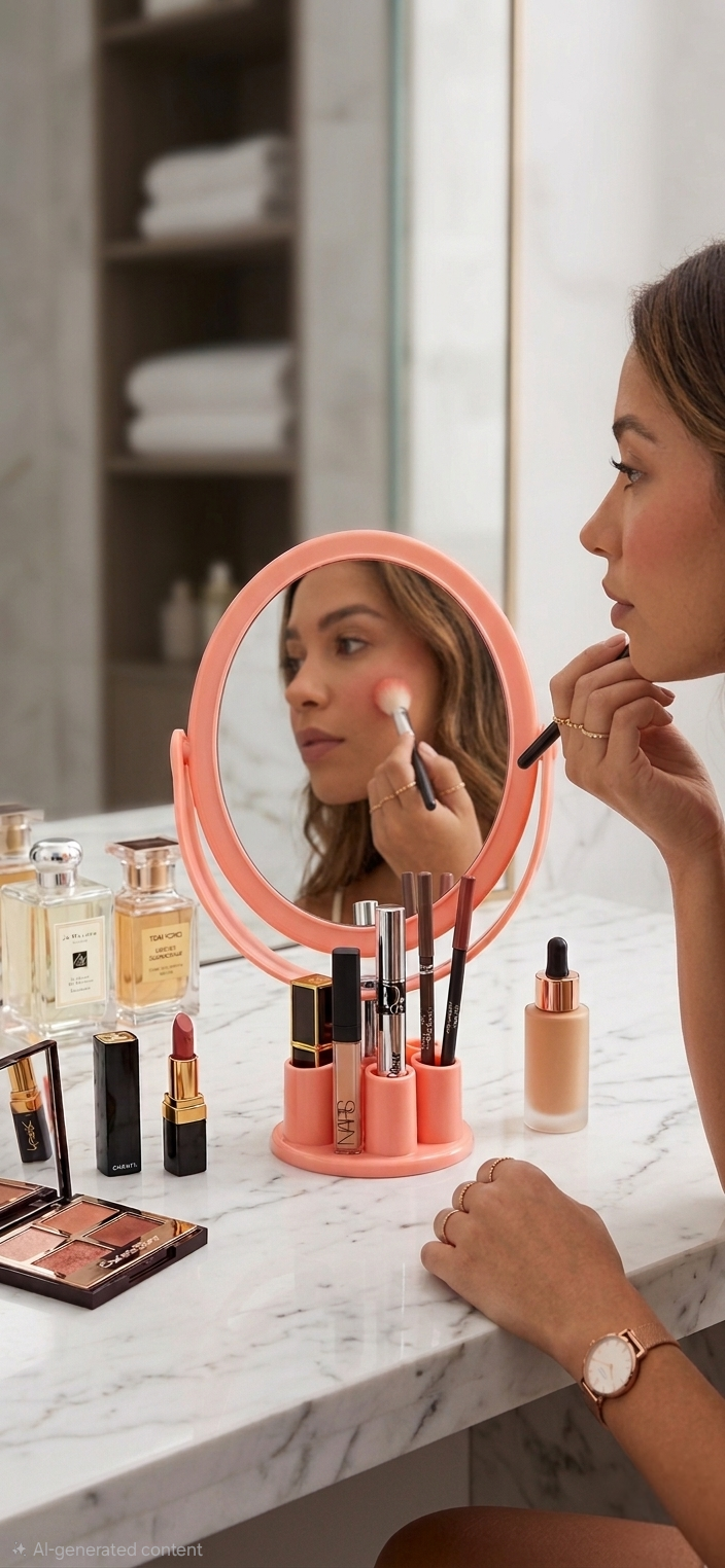 Compact Rotating Vanity Mirror with Organizer Bas