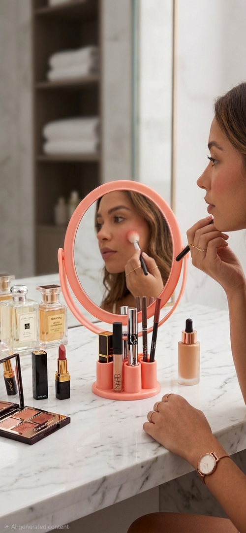 Compact Rotating Vanity Mirror with Organizer Bas